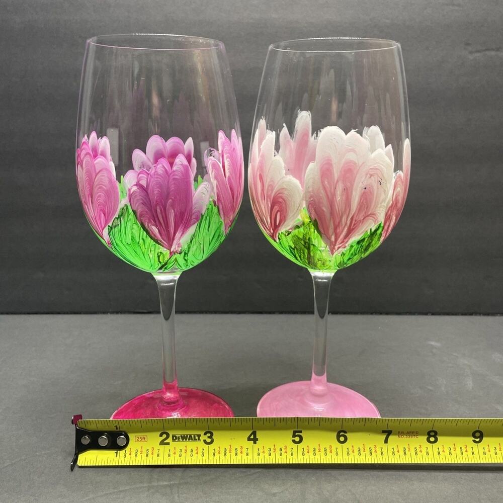 Hand Painted Stemmed Wine Glasses Artist Signed Floral Pattern Set of 2 Spring - Picture 5 of 10